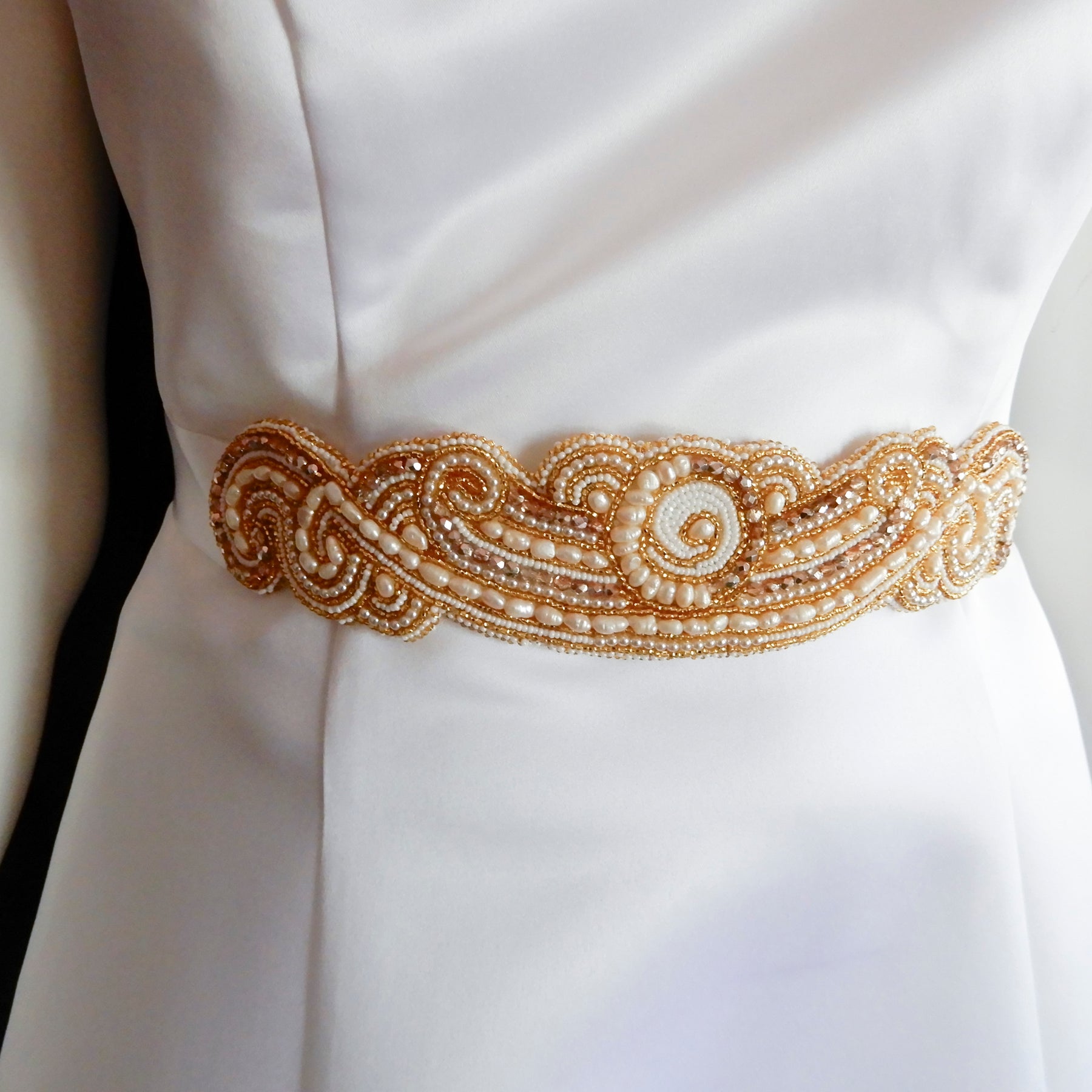 Bead Embroidered Gold & White Bridal Belt Sash