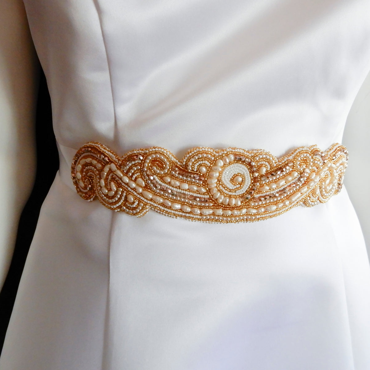 Bead Embroidered Gold & White Bridal Belt Sash