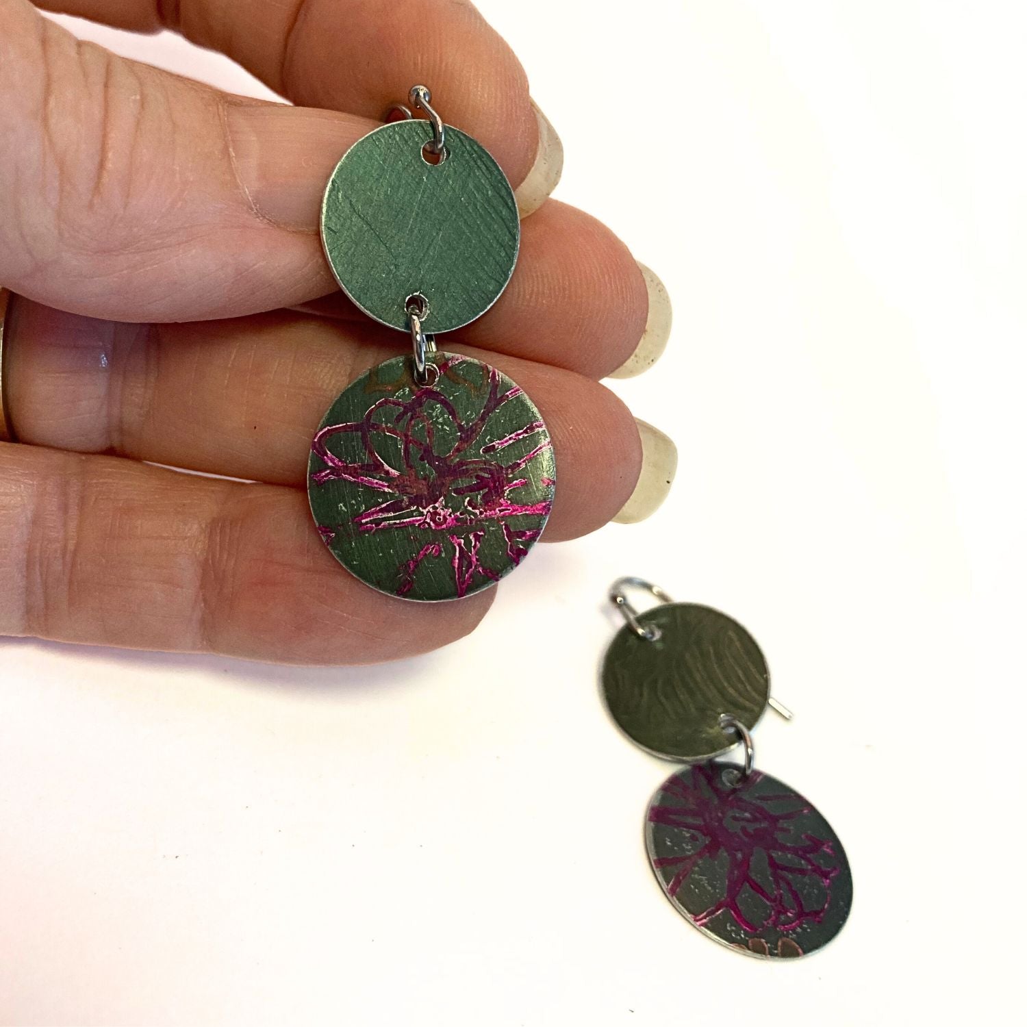 Anodised aluminium earrings hand printed - Midnight Velvet Collection
