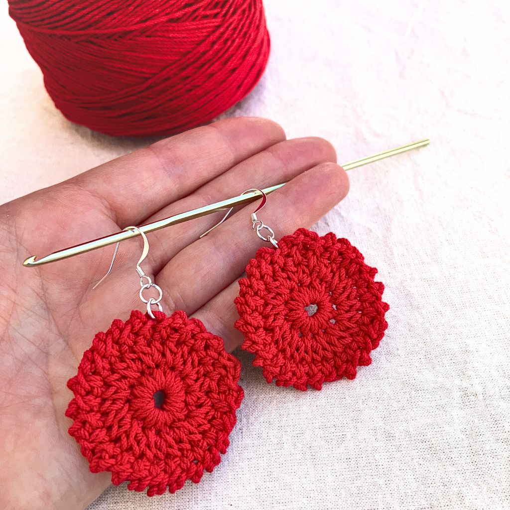Bold Crimson Bloom - Handmade Cotton Crochet Dangle Earrings