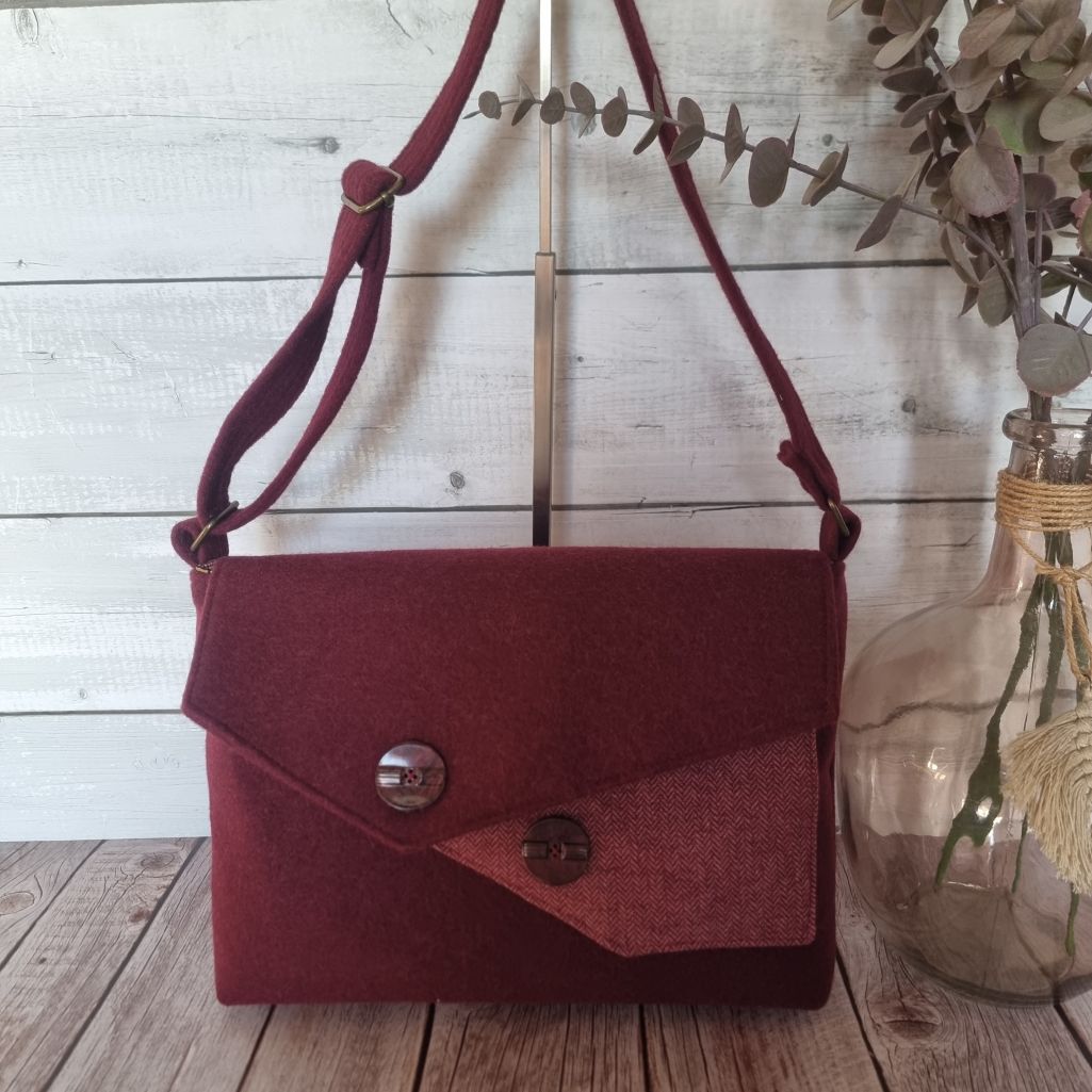 Upcycled assymetrical crossbody messenger bag - burgundy wool