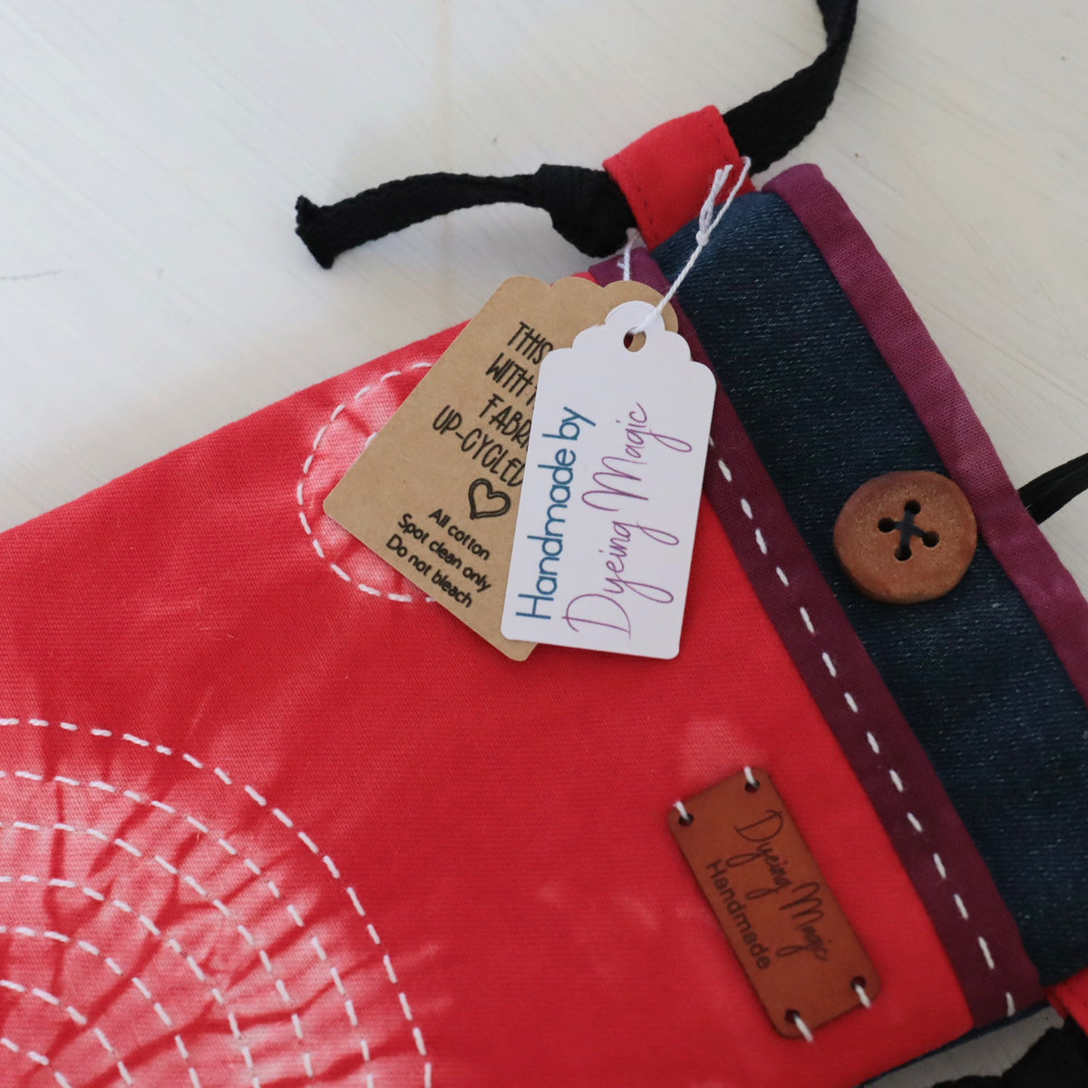 Tie Dyed Cross Body bag for Phone and Glasses, Phone Sling, red, upcycled jeans