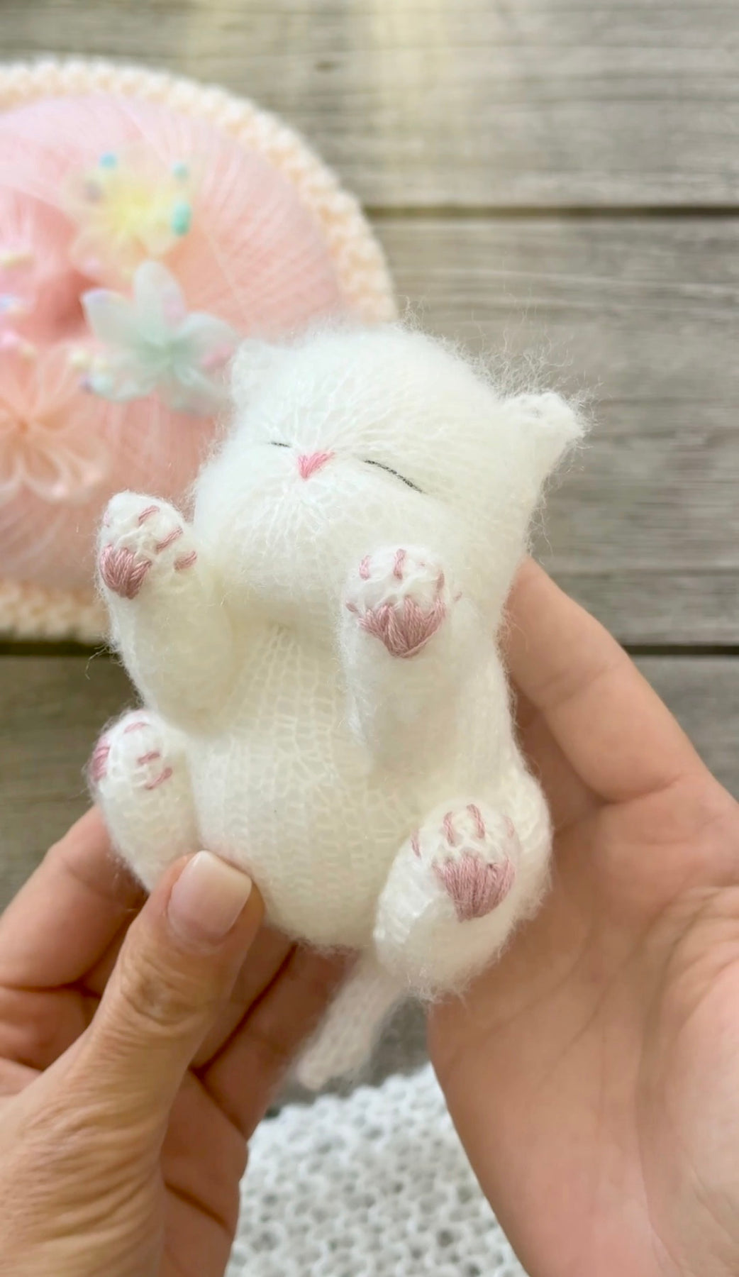 Handmade White Knitted Sleeping Kitten in Blue Bunny Bonnet and Blanket with Butterfly Toy
