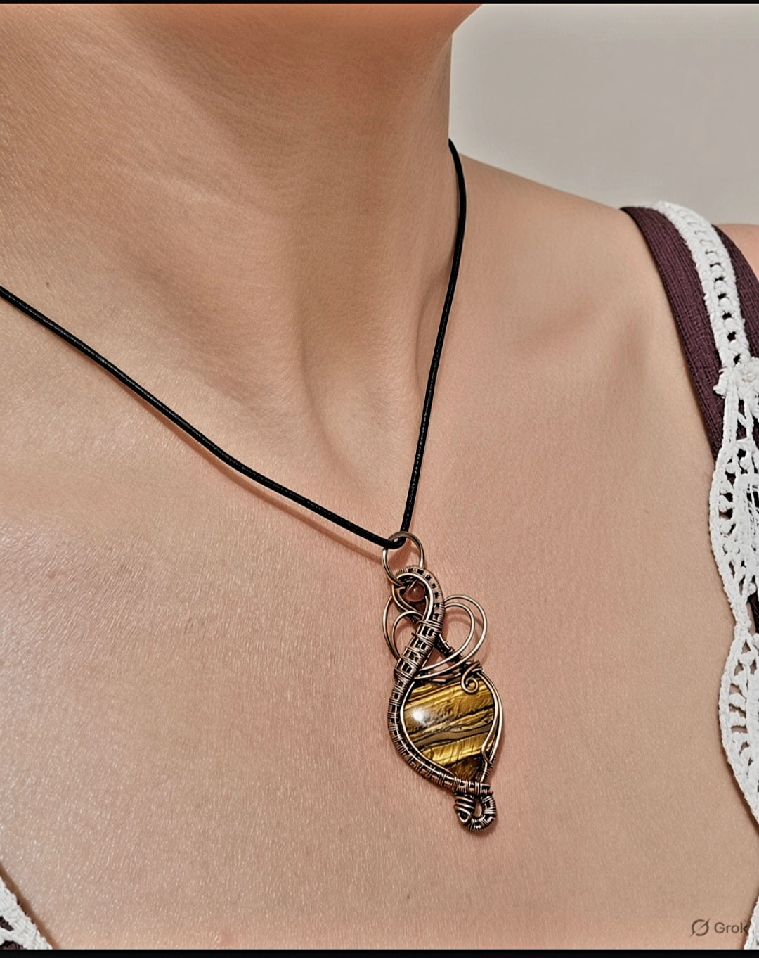 Copper Wire-Wrapped Tiger’s Eye Heart Pendant on Adjustable Leather Cord