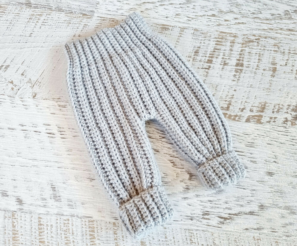 Baby Cuff Pants Pale Grey Newborn Hand Crocheted 0-3 months