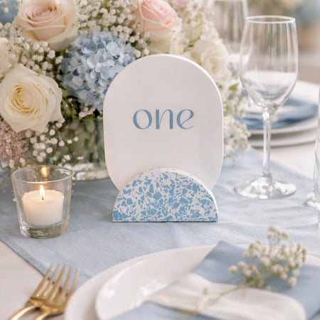 Wedding table numbers, blue and white eco resin terrazzo