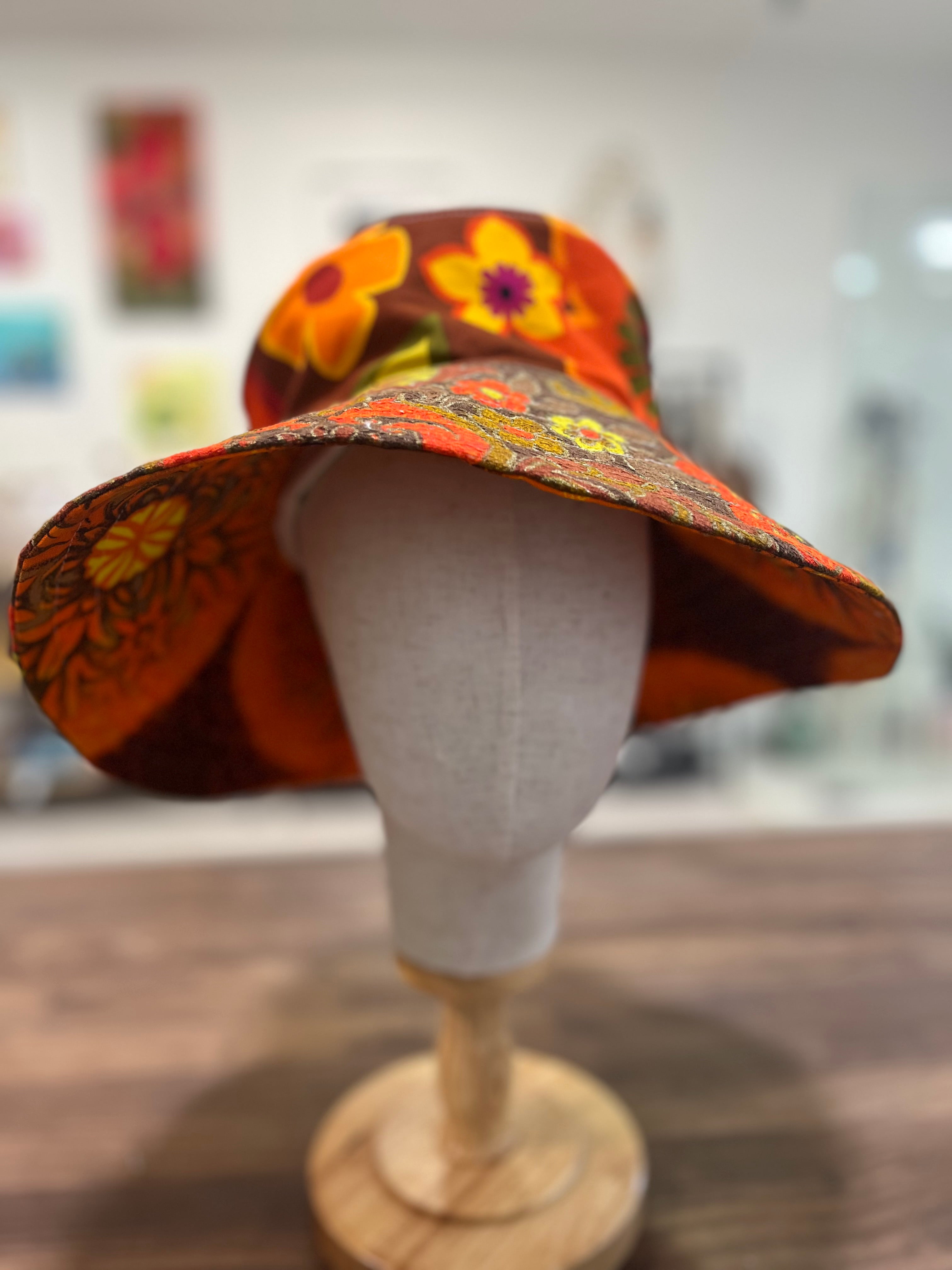 gorgeous brown patchwork vintage fabric hat - violetclothing - free postage