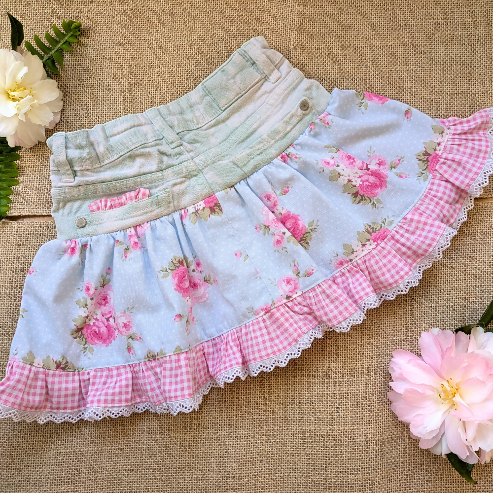 girls-upcycled-denim-skirt-size-2-3-pink-posies-gingham-handmade-sewing-artist-the-denim-patch (3)