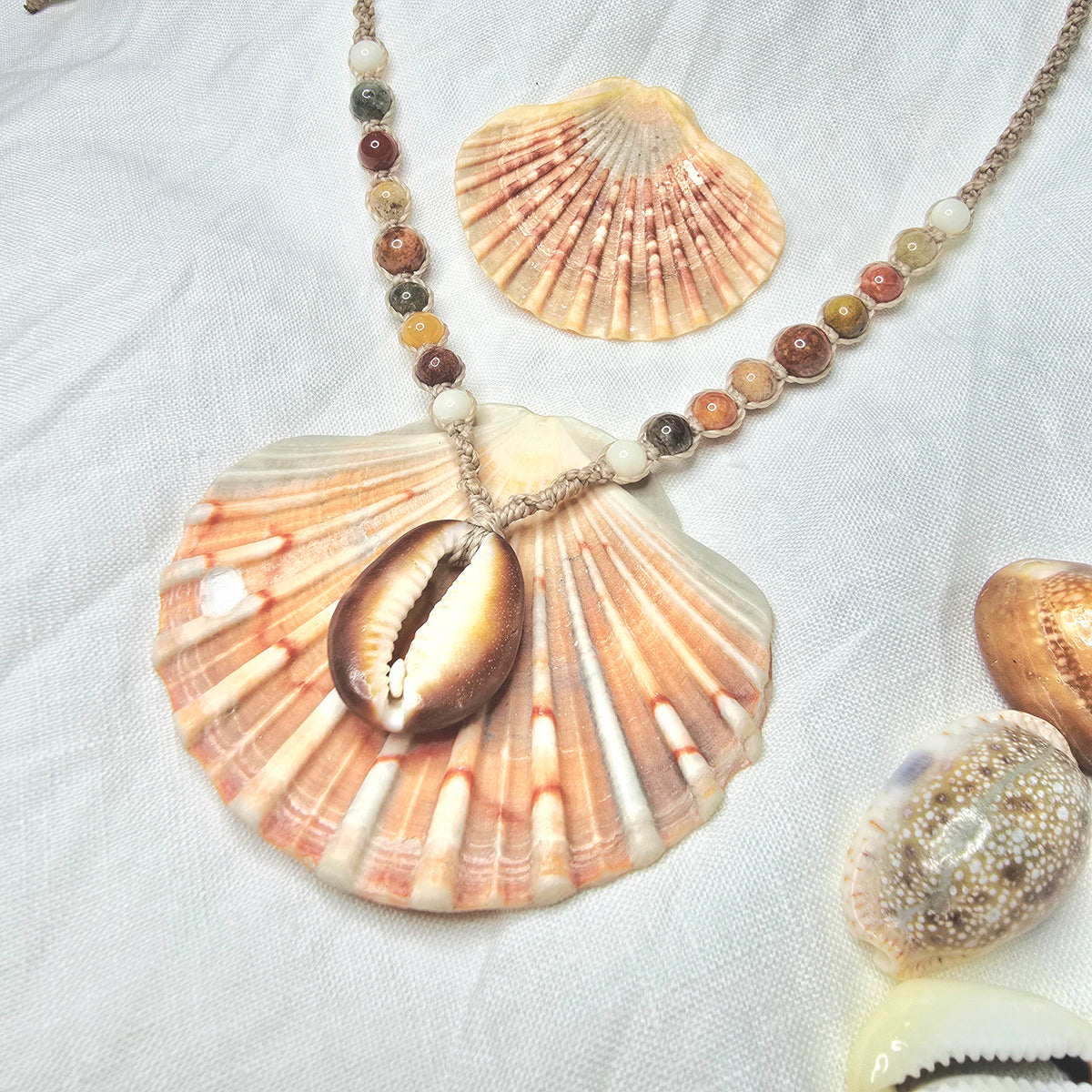 Cowrie Shell and Ocean Agate macrame Necklace