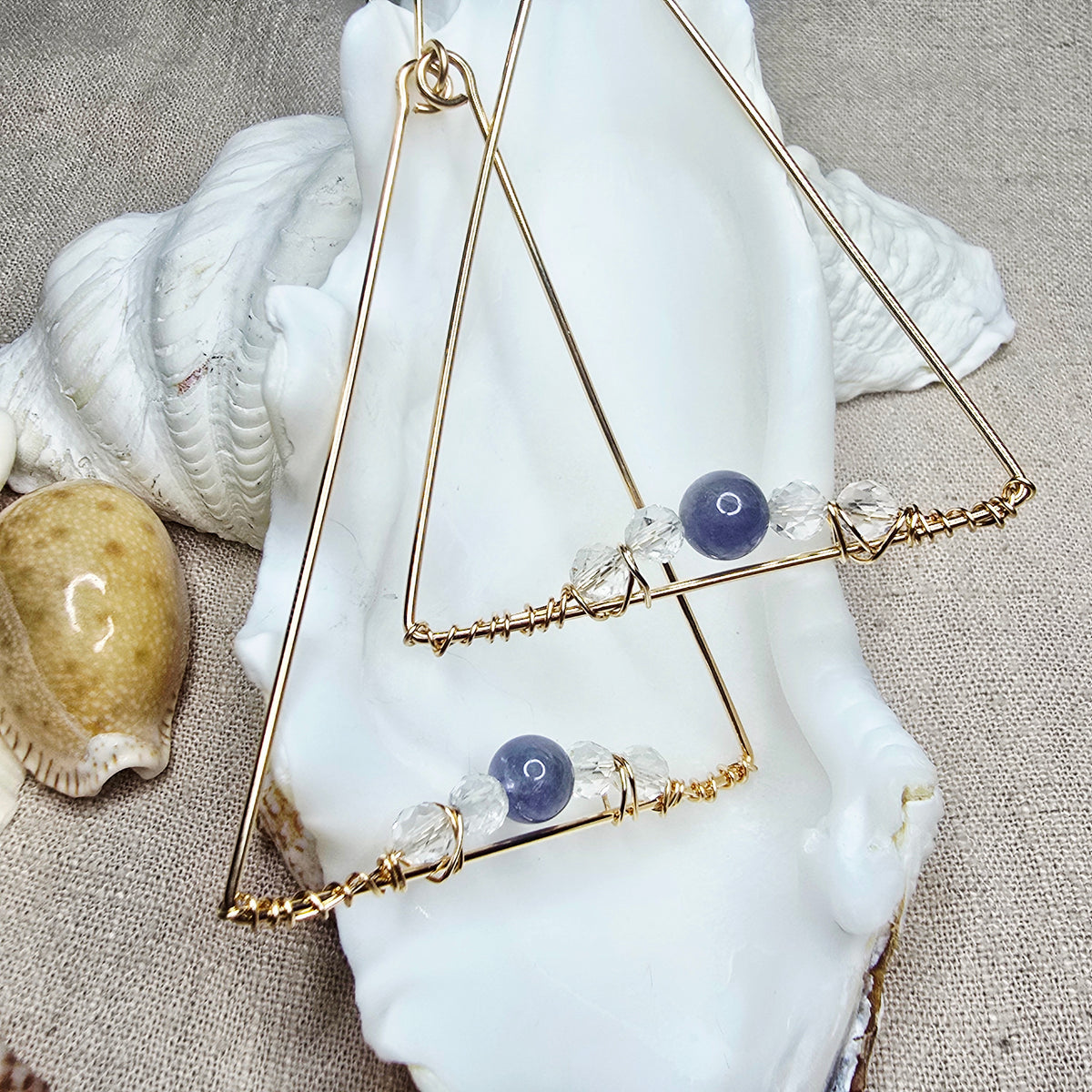 Large Triangle 14kt GF Earrings with Tanzanite & Quartz