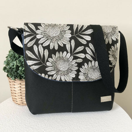 Blue Canvas and Genuine Leather Crossbody Bag with Waratah Fabric