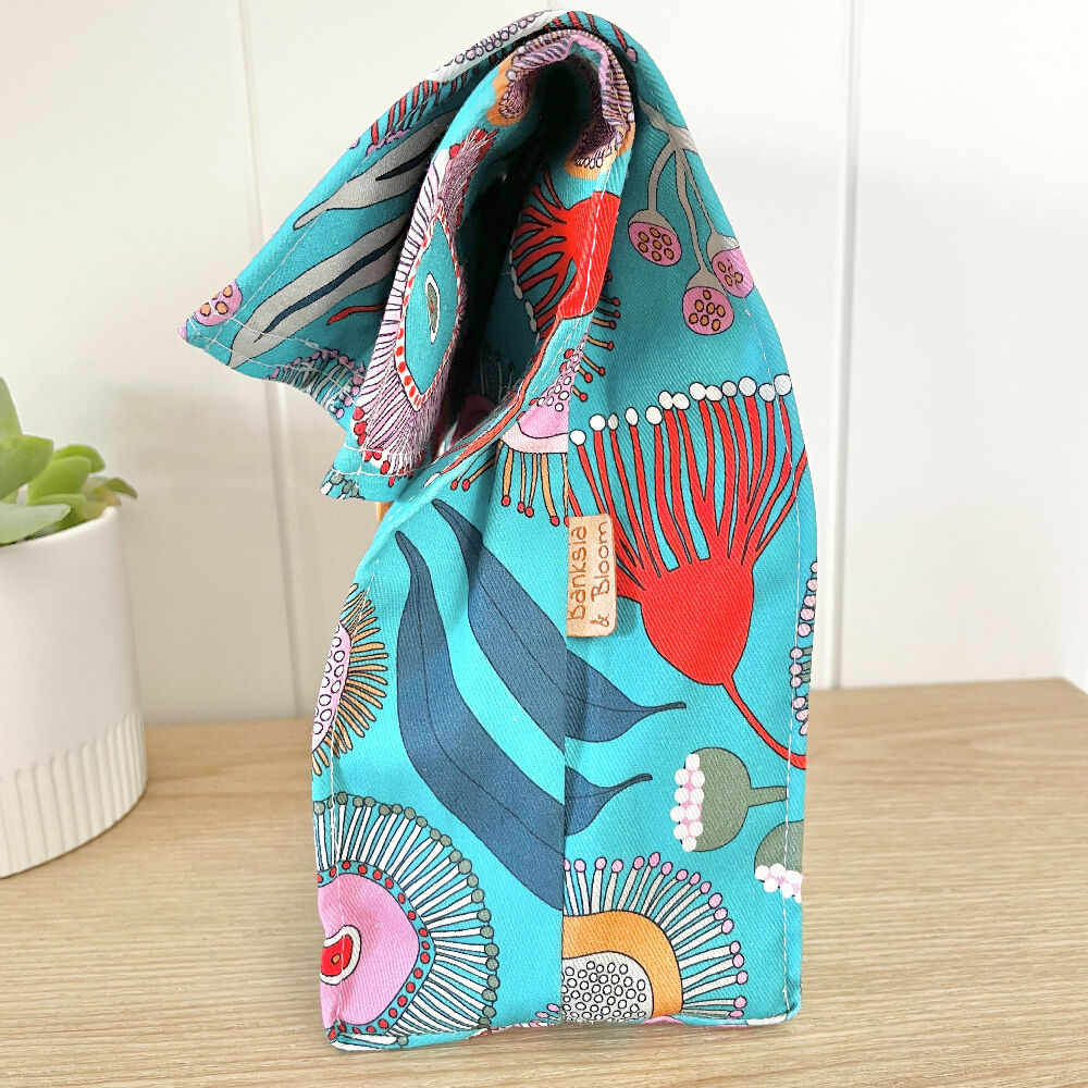 Lunch Bag Cotton Canvas~ Reusable, Fold Over~ Blossoms Blue