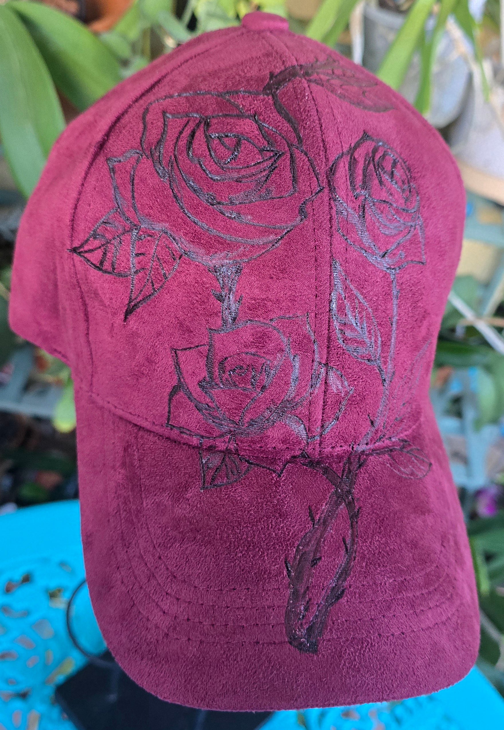 Wine red rose hand burnt shoulder bag and baseball cap