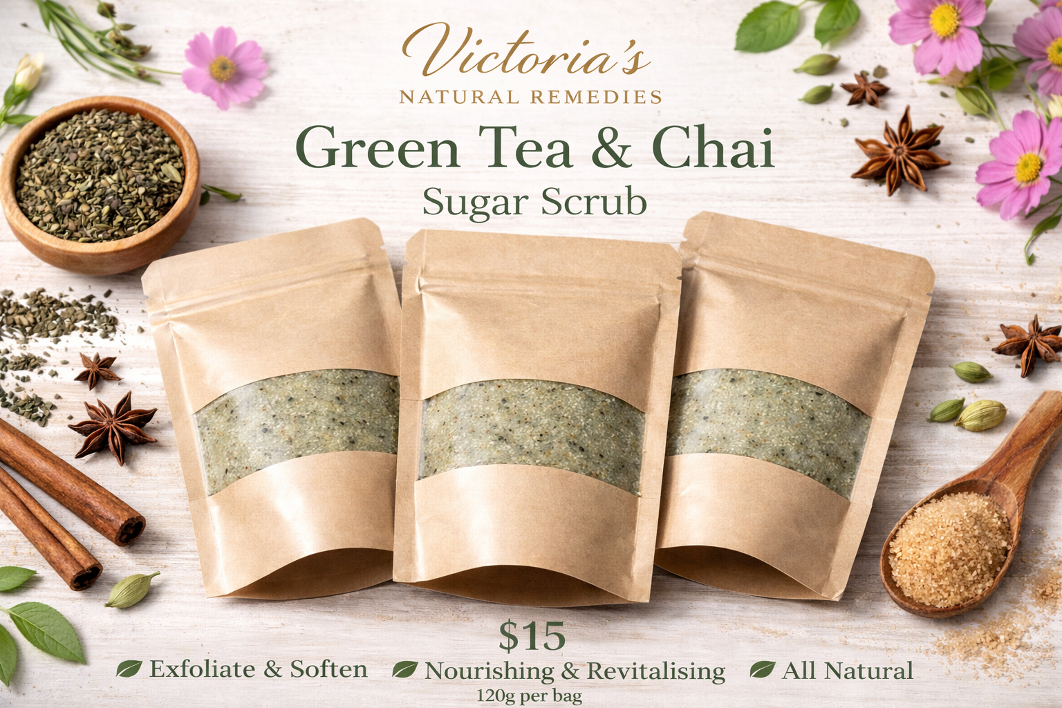 Green Tea & Chai Sugar Scrub 120g | Natural Exfoliating Body Scrub
