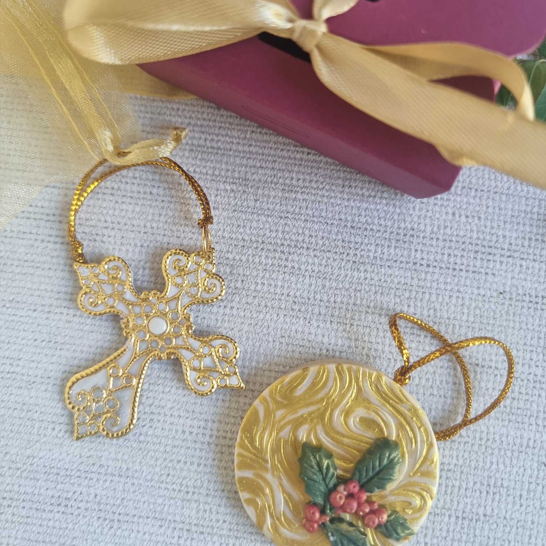 Golden Christmas Tree Deco Pair - Cross and Bauble