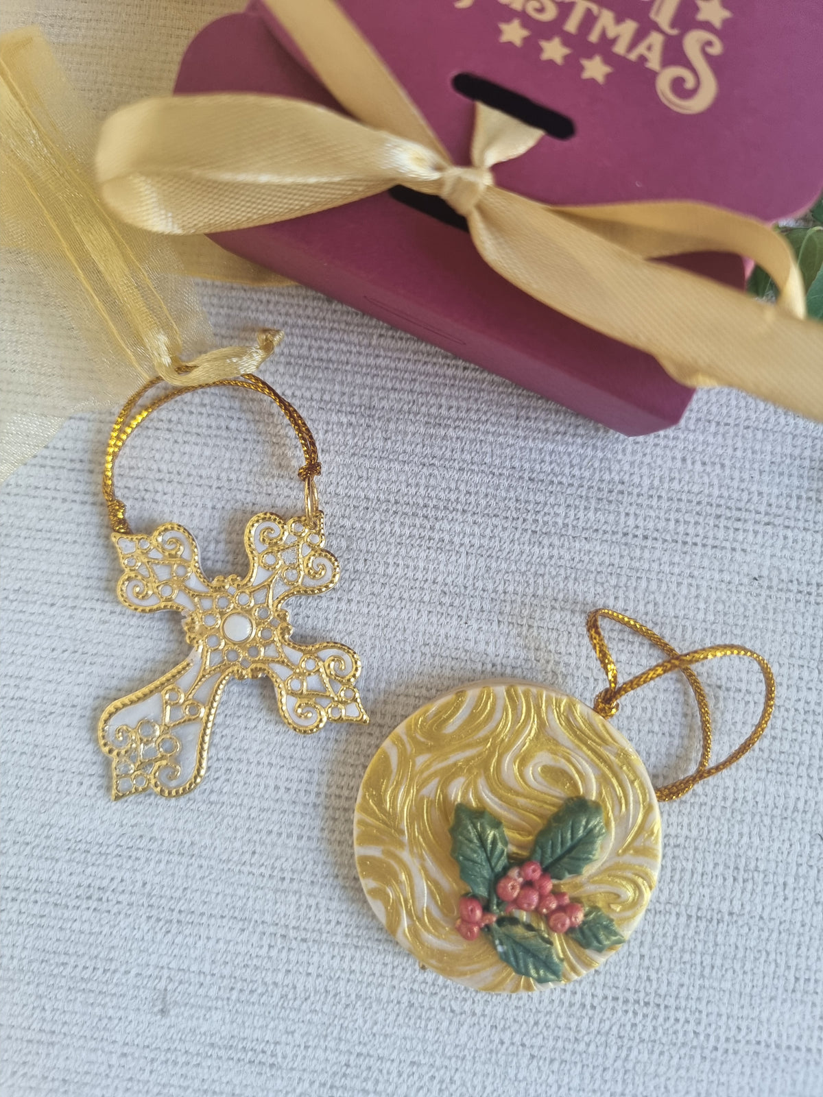 Golden Christmas Tree Deco Pair - Cross and Bauble