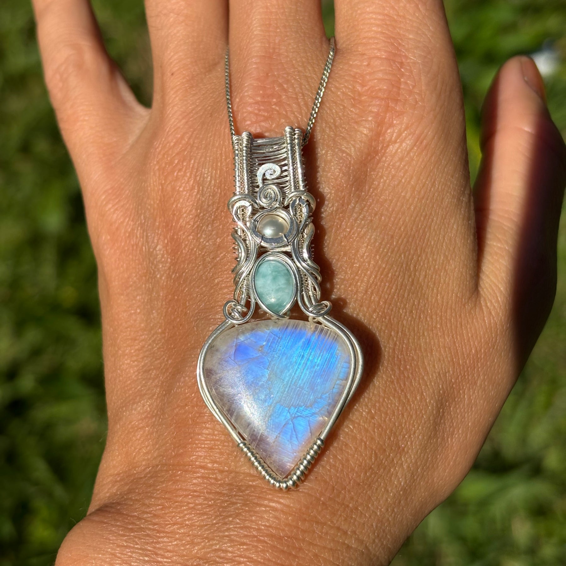 Moonstone, Larimar, Pearl, silver pendant