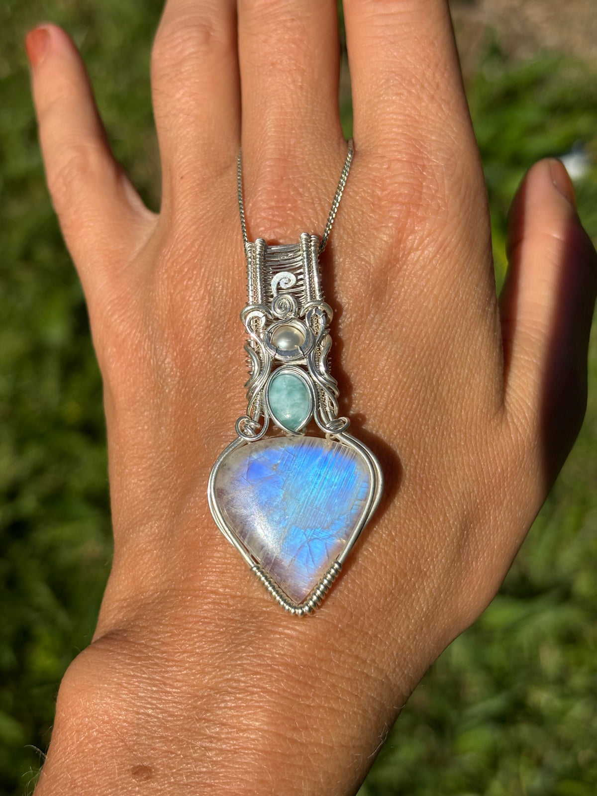 Moonstone, Larimar, Pearl, silver pendant