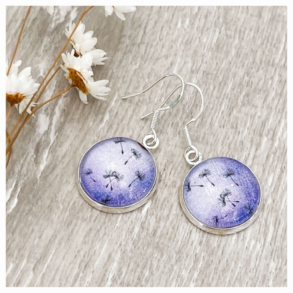 Purple Earrings with a Dandelion Flower Pattern