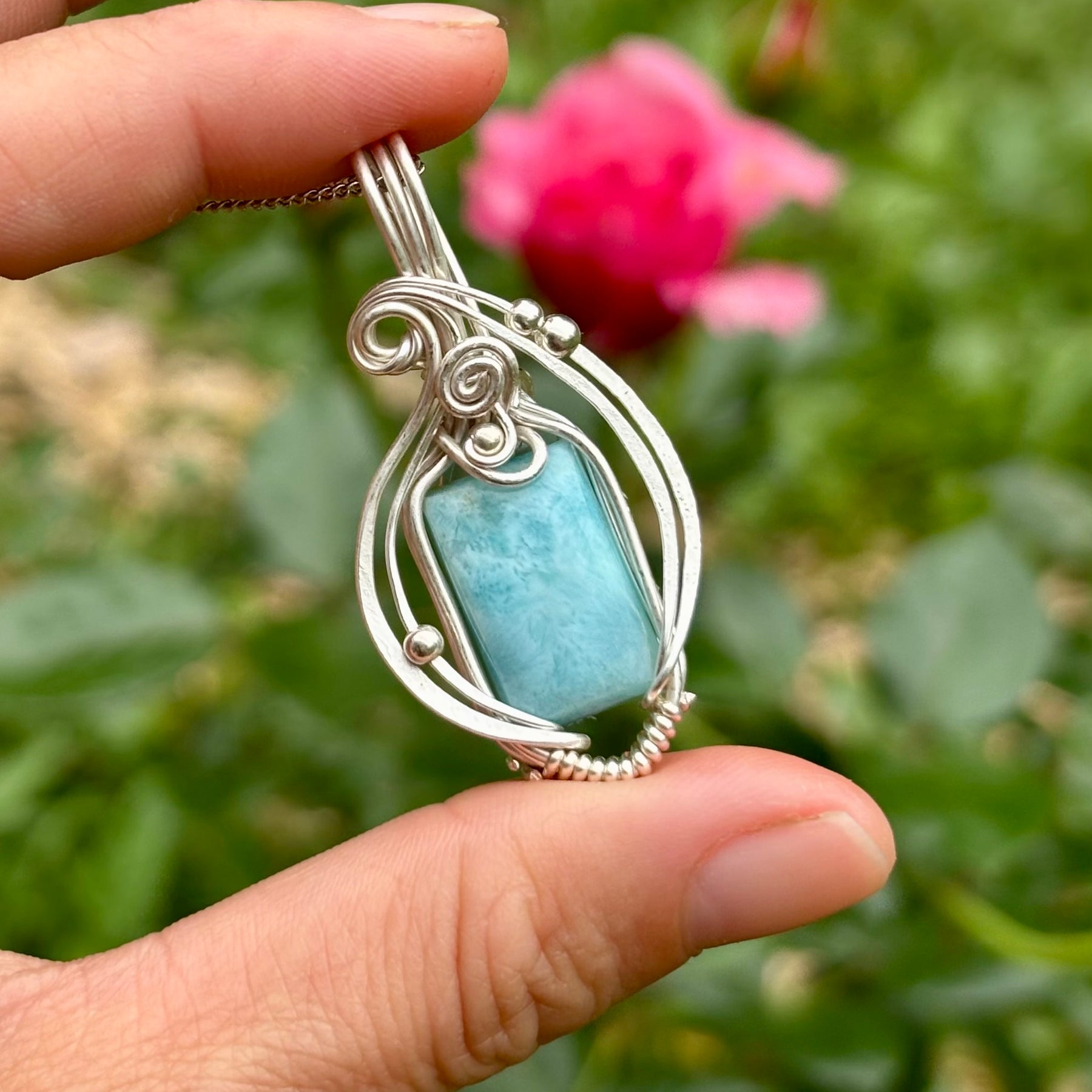 Simple silver Larimar crystal pendant