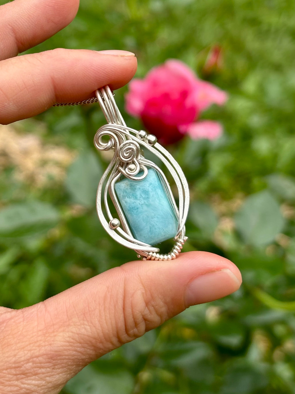Simple silver Larimar crystal pendant