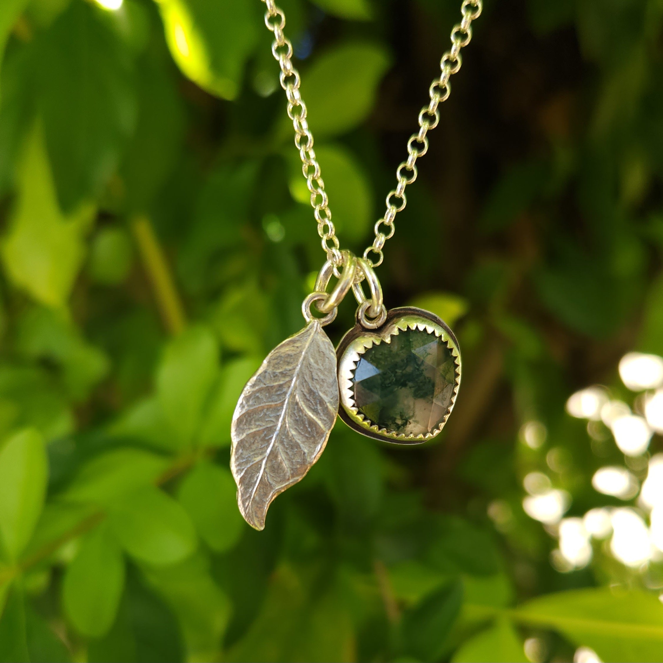 Twin pendants - silver leaf & moss agate heart