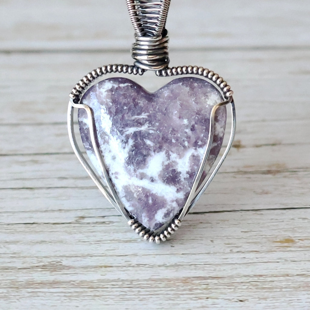 Sterling Silver Lepidolite and Quartz Heart Pendant ~ Invites You to Slow Down