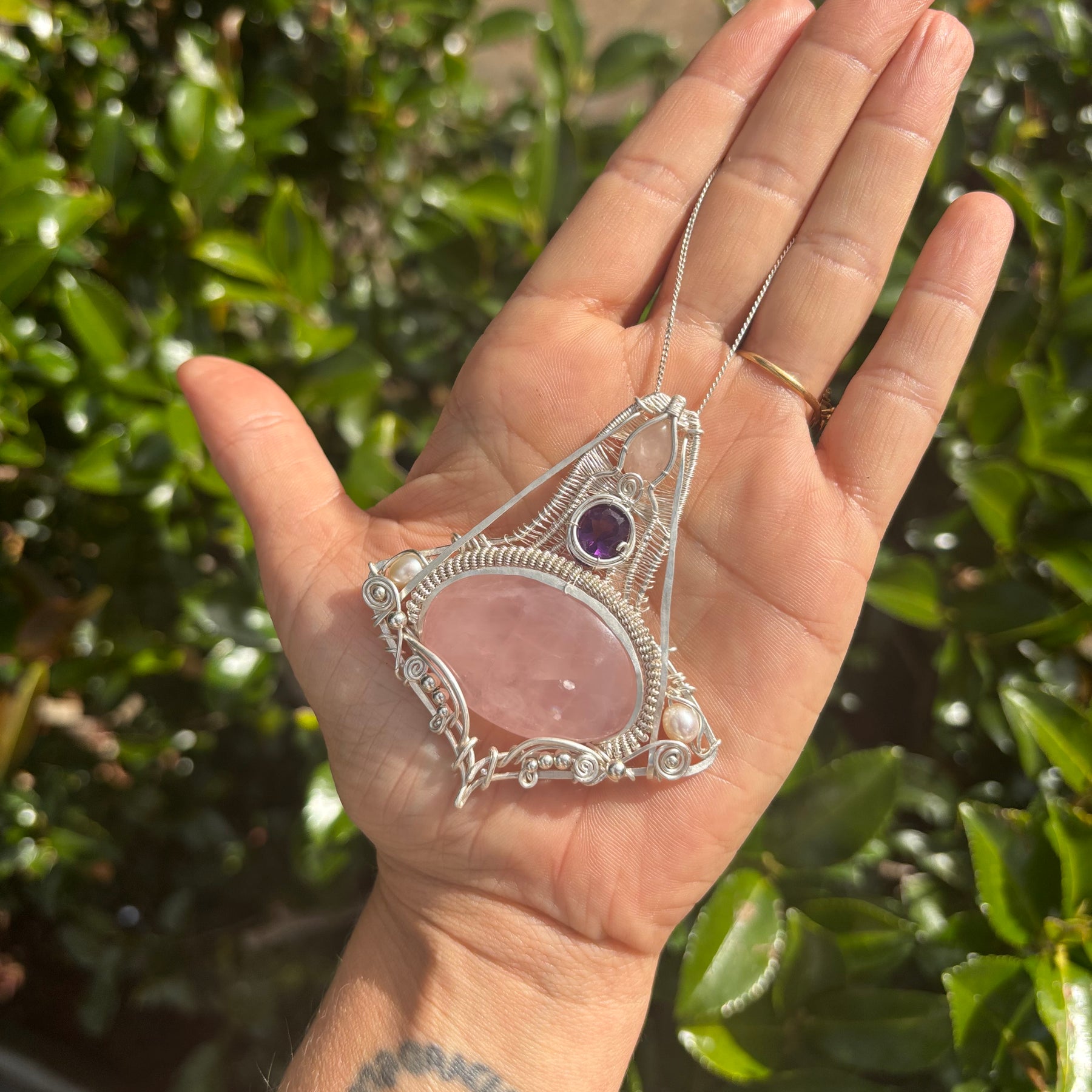 Amethyst/Rose Quartz Crystal silver wire wrap pendant