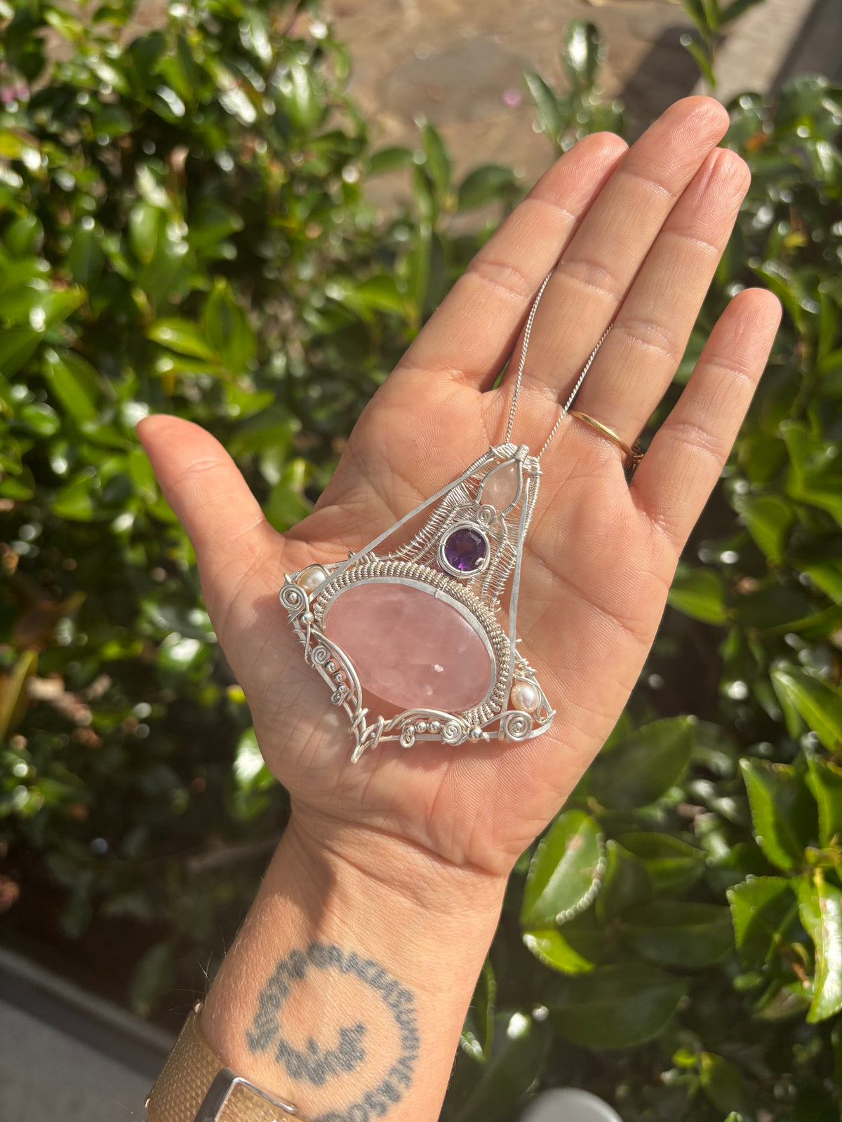 Amethyst/Rose Quartz Crystal silver wire wrap pendant