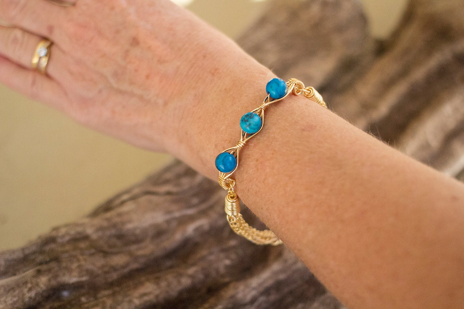 Gold Wire Knitted Bracelet With Blue Jasper Stone