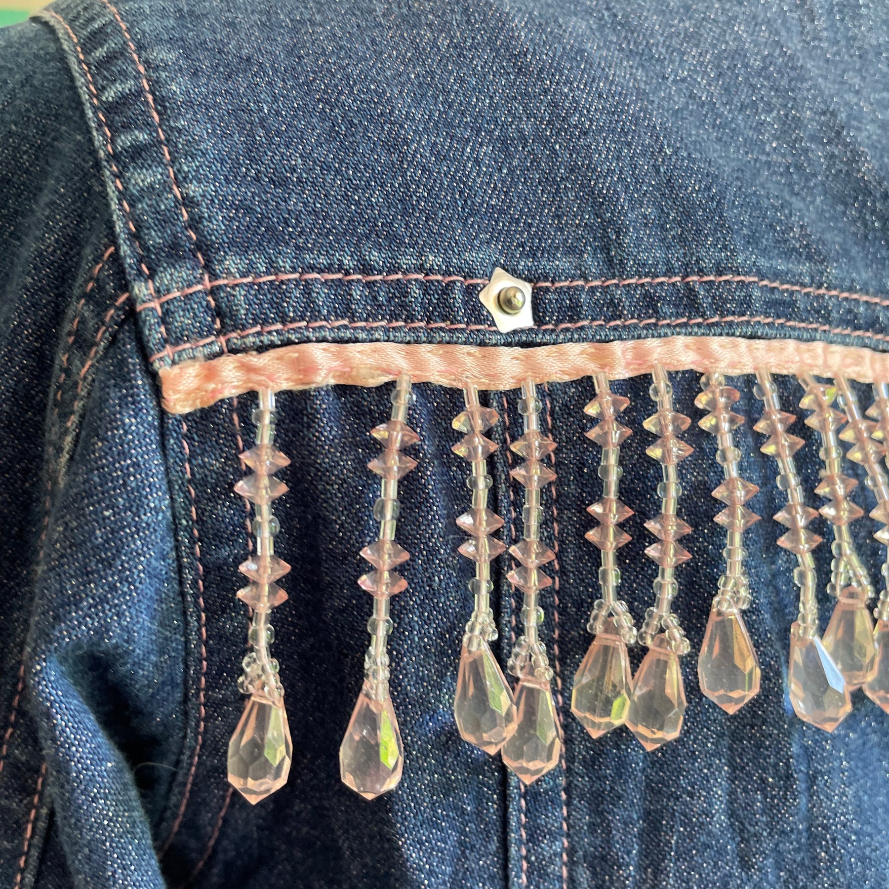 Upcycled Pink Denim Flamingo Beaded Jacket