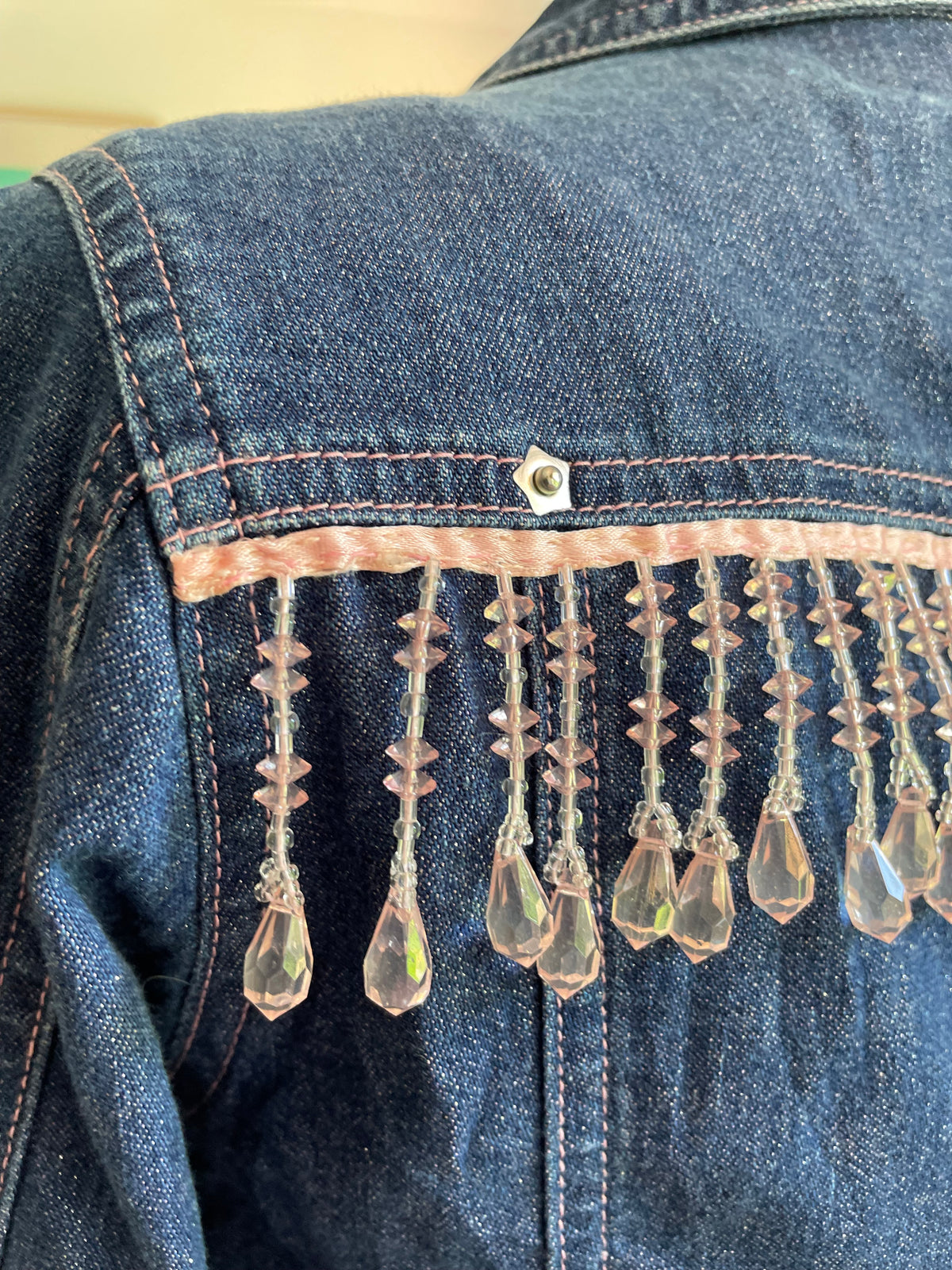 Upcycled Pink Denim Flamingo Beaded Jacket