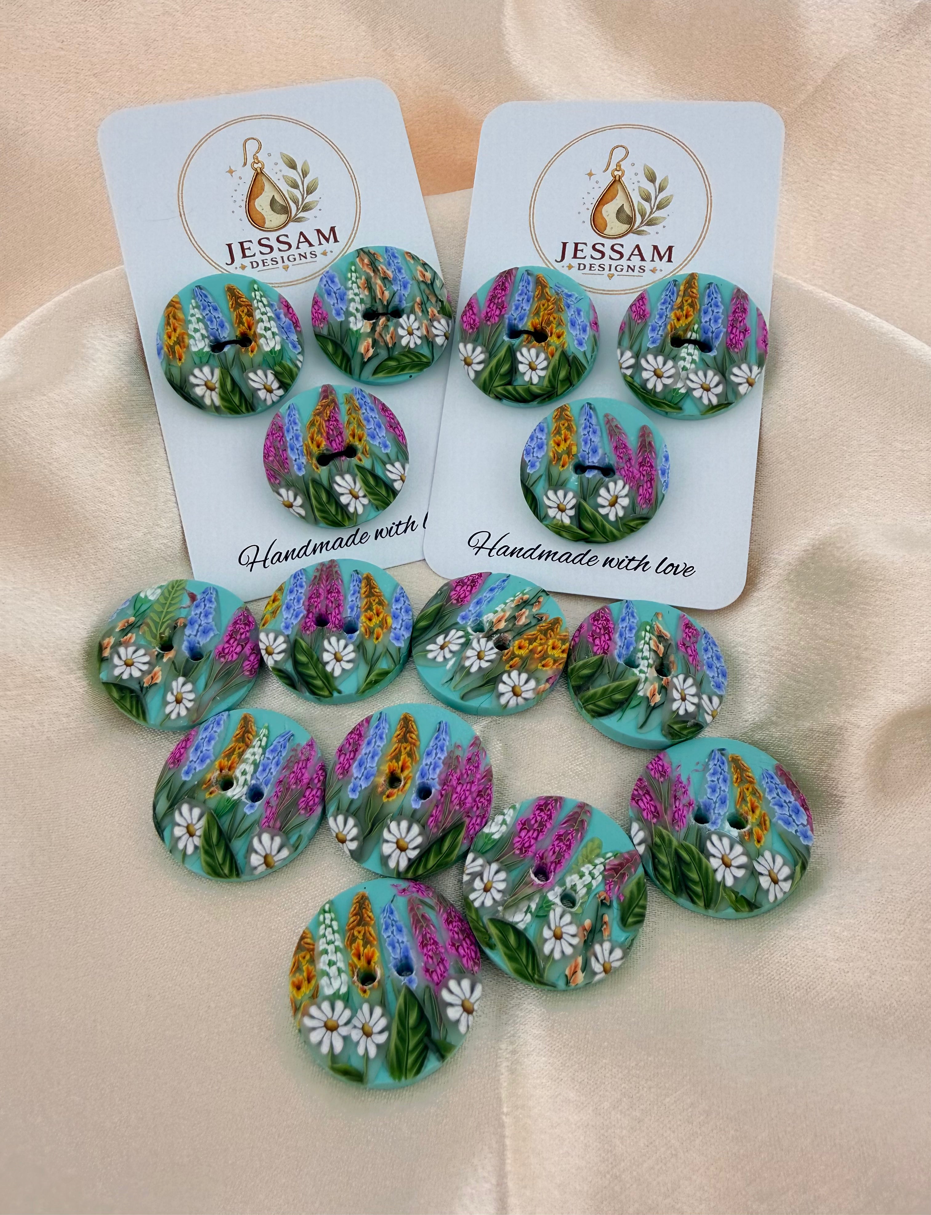 Springtime Wildflower Polymer Clay Buttons – 25mm. Set of 3
