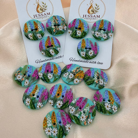 Springtime Wildflower Polymer Clay Buttons – 25mm. Set of 3