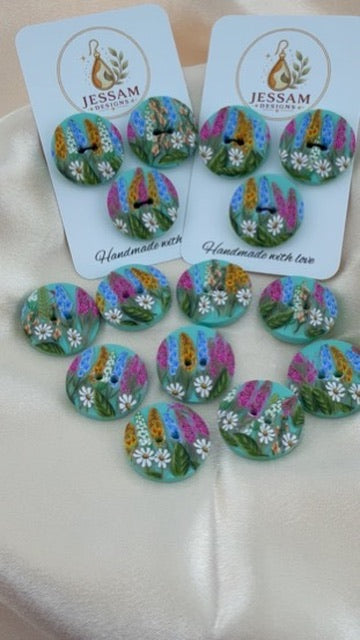 Springtime Wildflower Polymer Clay Buttons – 25mm. Set of 3