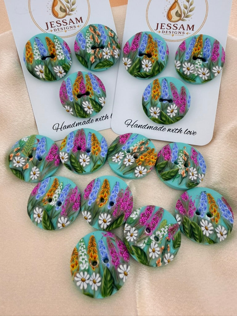 Springtime Wildflower Polymer Clay Buttons – 25mm. Set of 3
