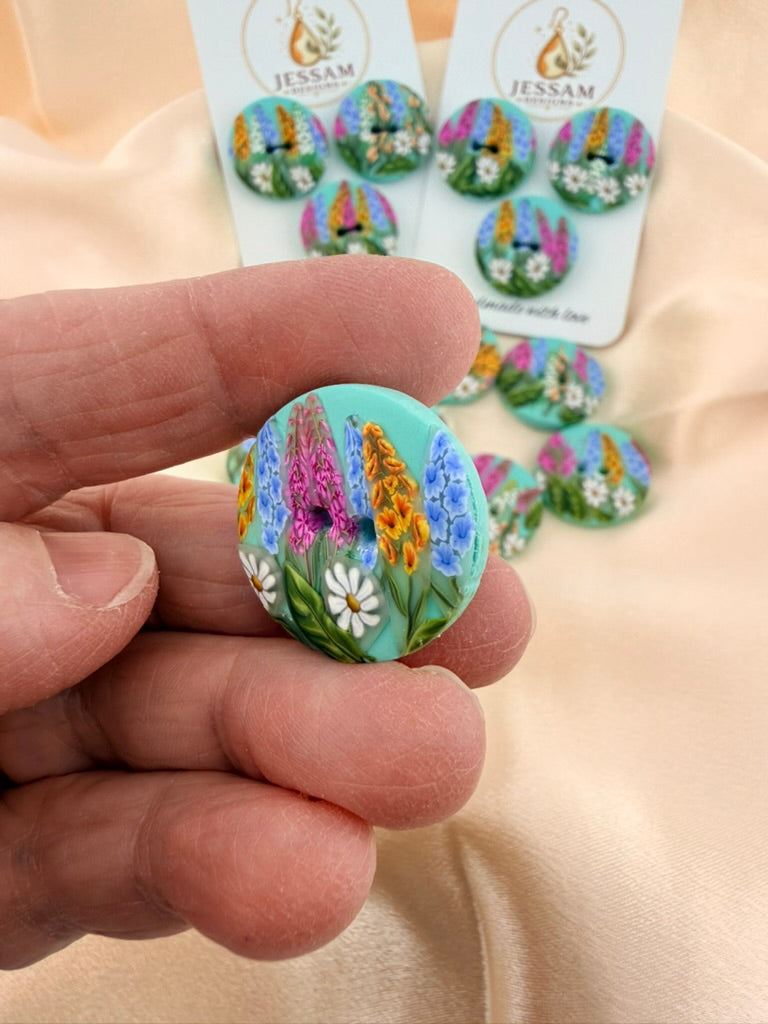 Springtime Wildflower Polymer Clay Buttons – 25mm. Set of 3