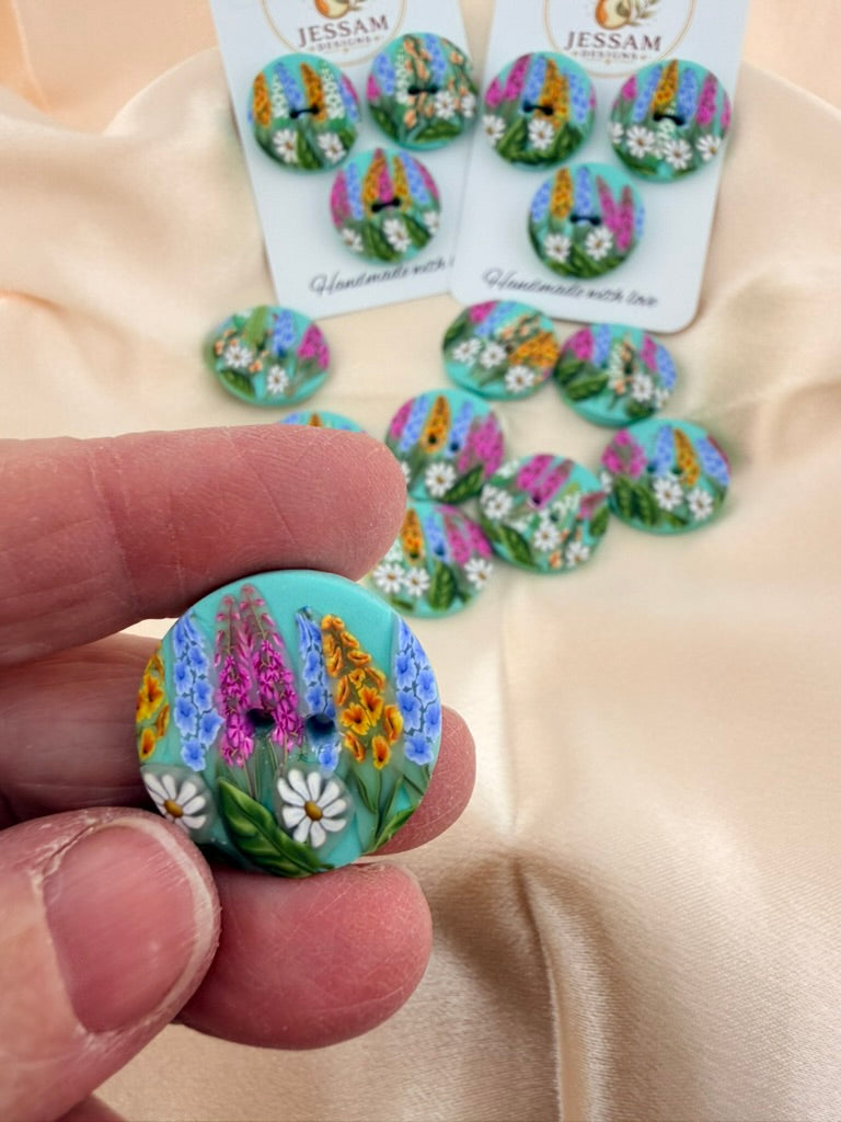 Springtime Wildflower Polymer Clay Buttons – 25mm. Set of 3