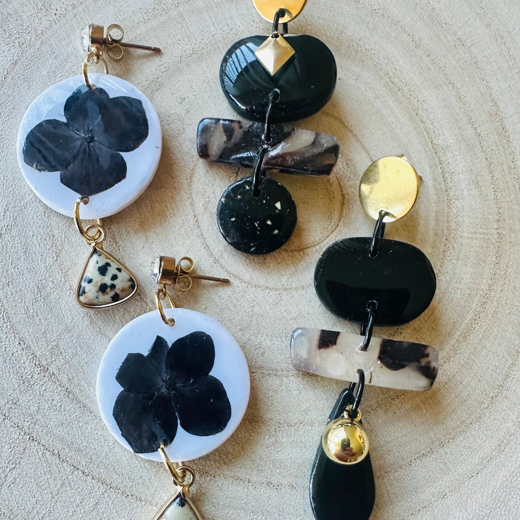 White floral polymer clay and jasper earrings with diamanté stud