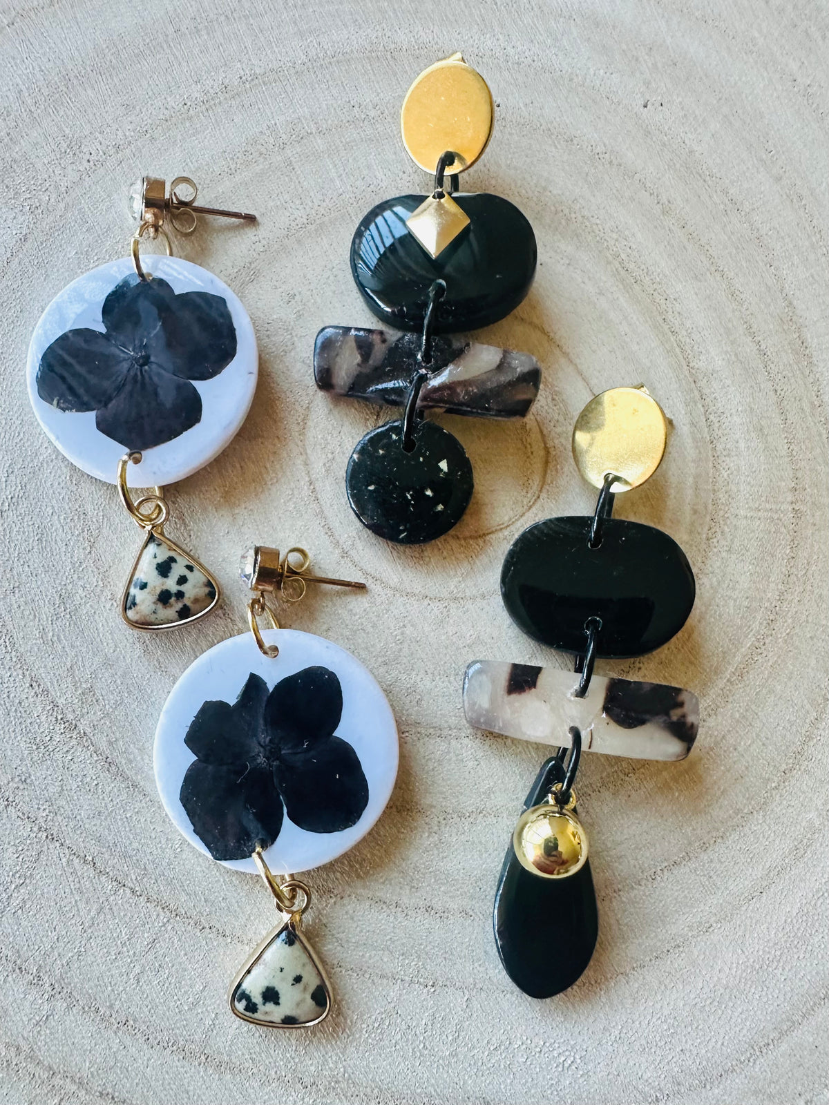 White floral polymer clay and jasper earrings with diamanté stud