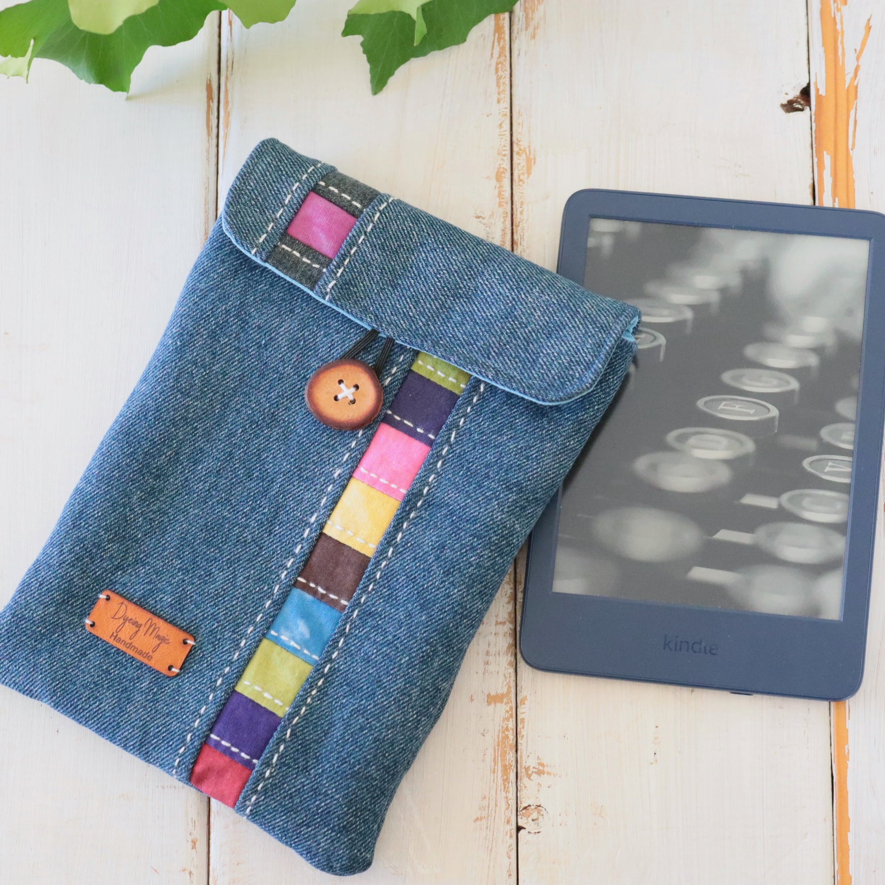 Kindle Sleeve, E-reader sleeve, Upcycled Denim, Hand dyed Patchwork