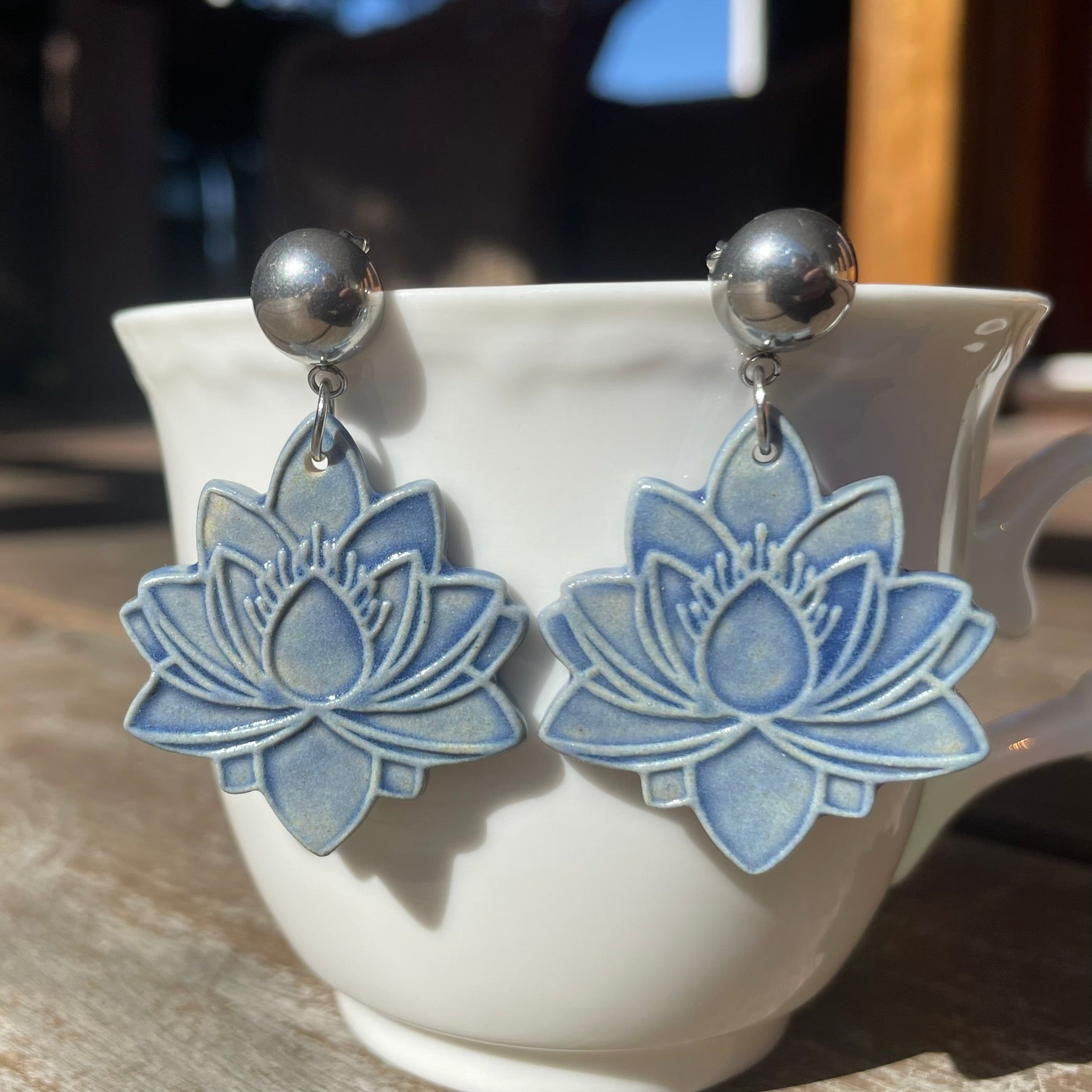 Earrings Blue Lotus Flower Ceramic Stainless Steel Stud dangles