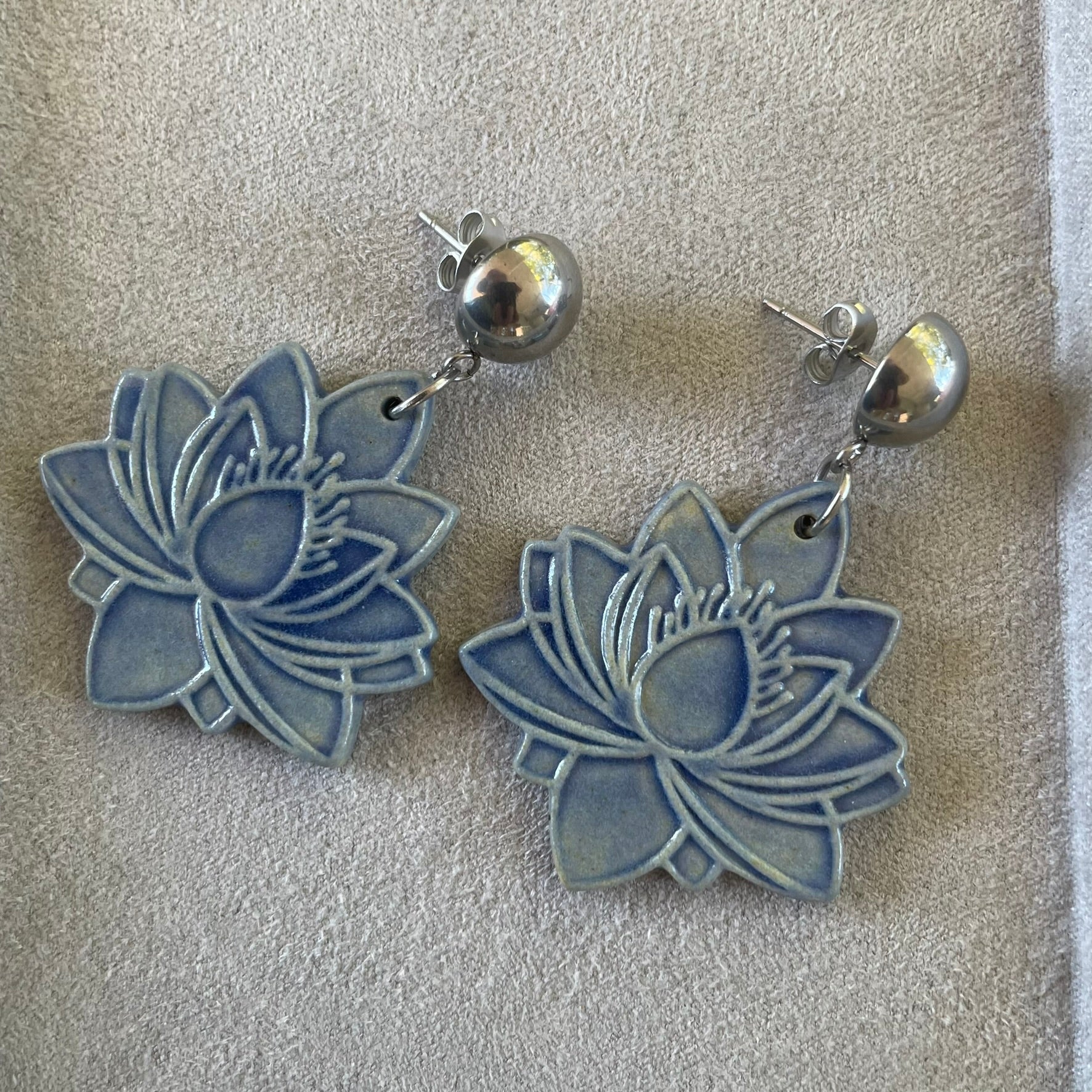 Earrings Blue Lotus Flower Ceramic Stainless Steel Stud dangles