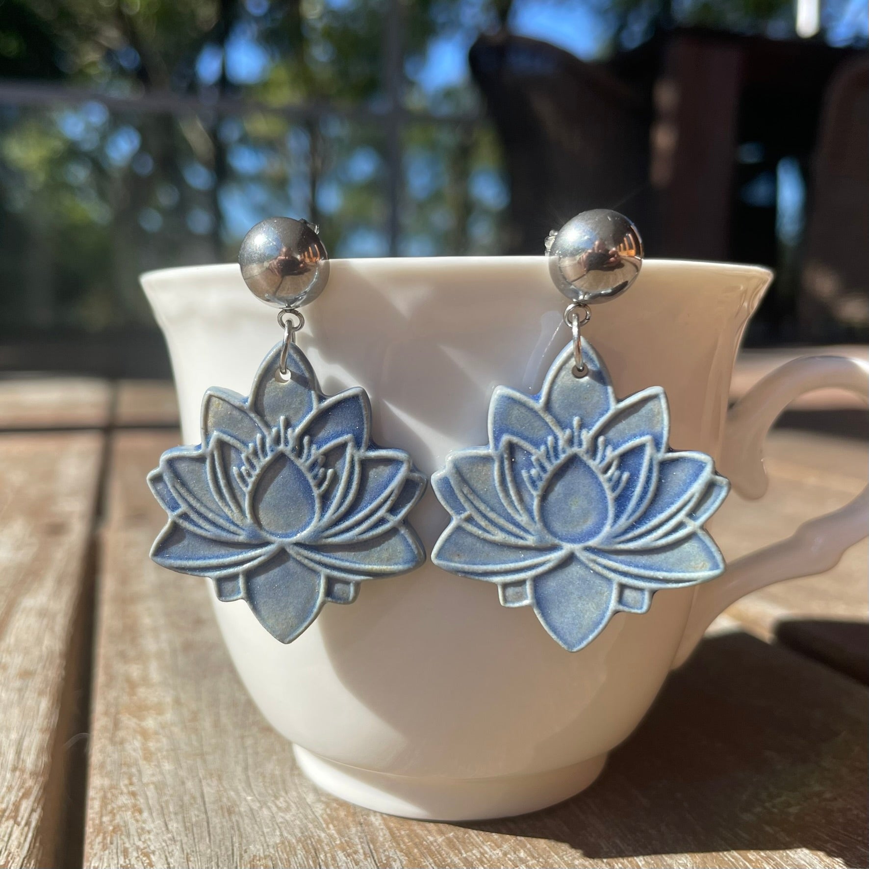 Earrings Blue Lotus Flower Ceramic Stainless Steel Stud dangles