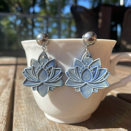 Earrings Blue Lotus Flower Ceramic Stainless Steel Stud dangles