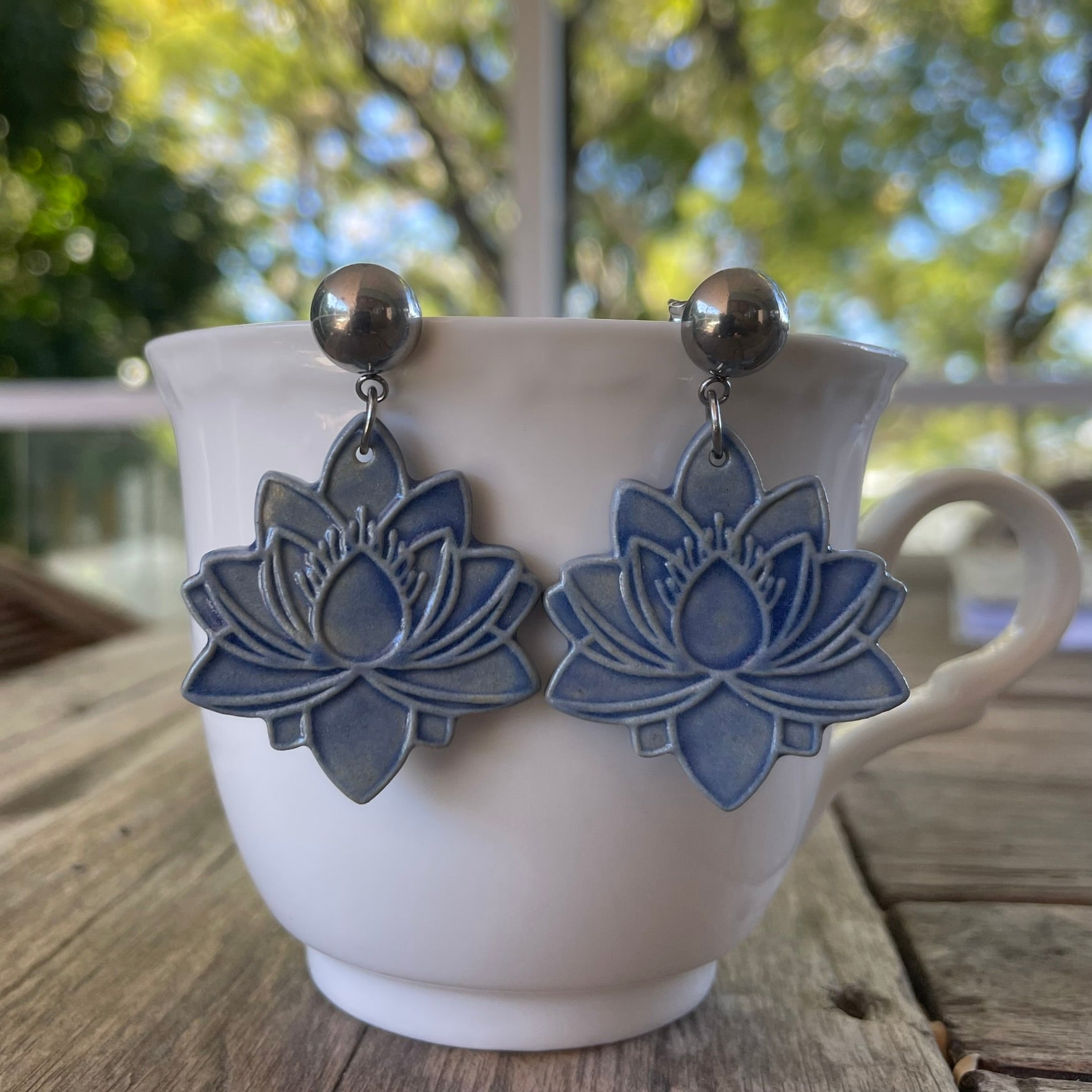 Earrings Blue Lotus Flower Ceramic Stainless Steel Stud dangles