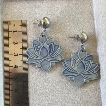 Earrings Blue Lotus Flower Ceramic Stainless Steel Stud dangles