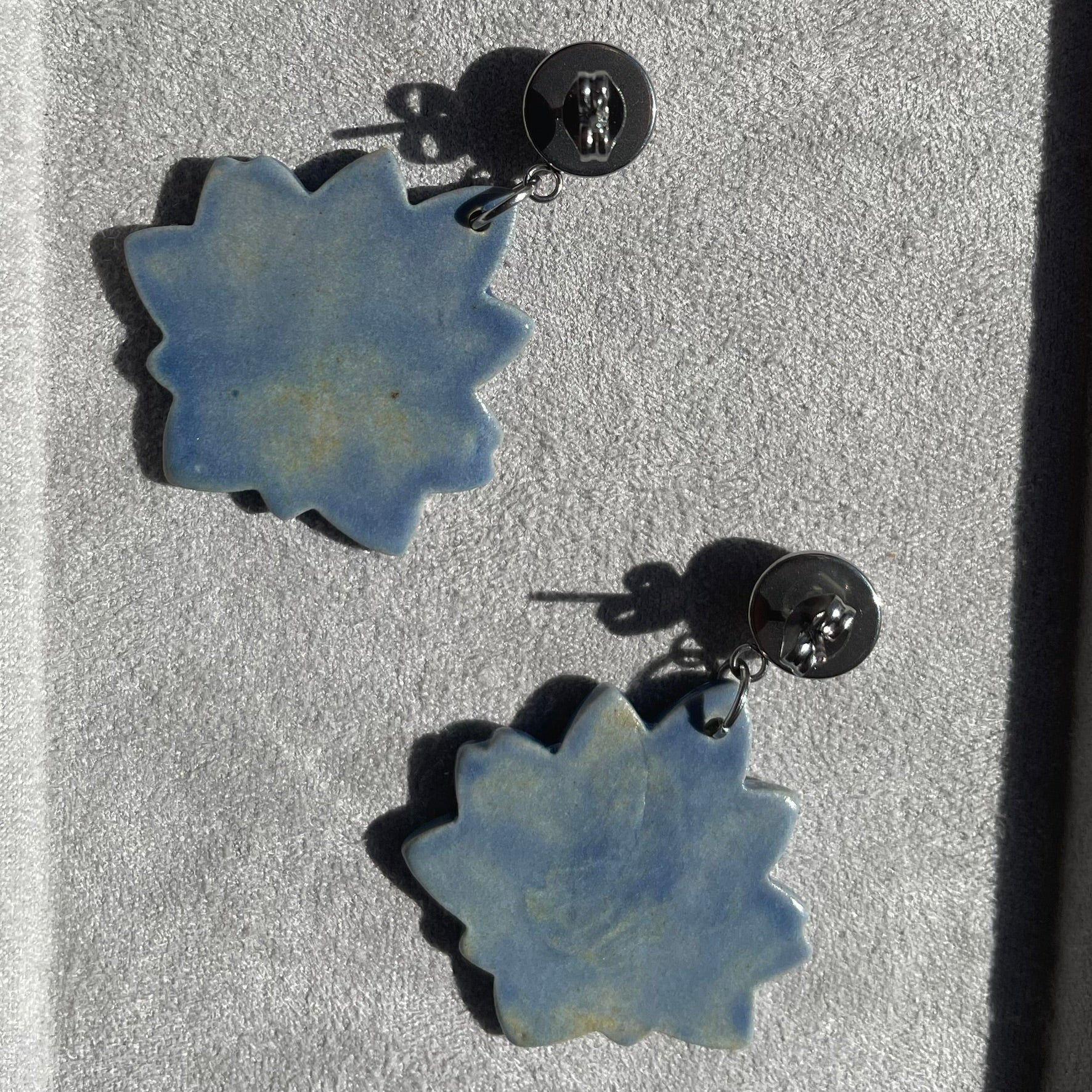 Earrings Blue Lotus Flower Ceramic Stainless Steel Stud dangles