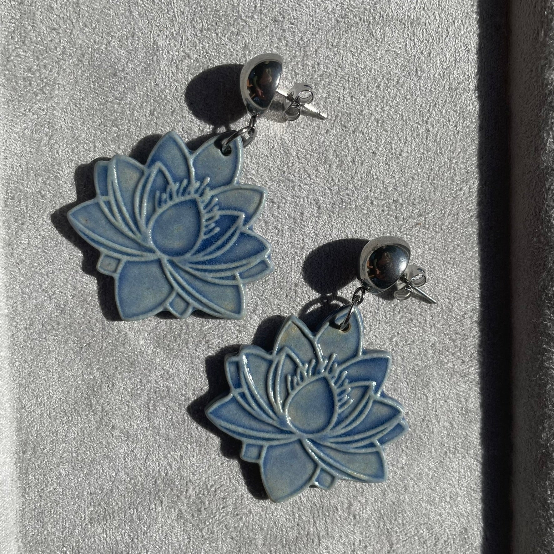 Earrings Blue Lotus Flower Ceramic Stainless Steel Stud dangles