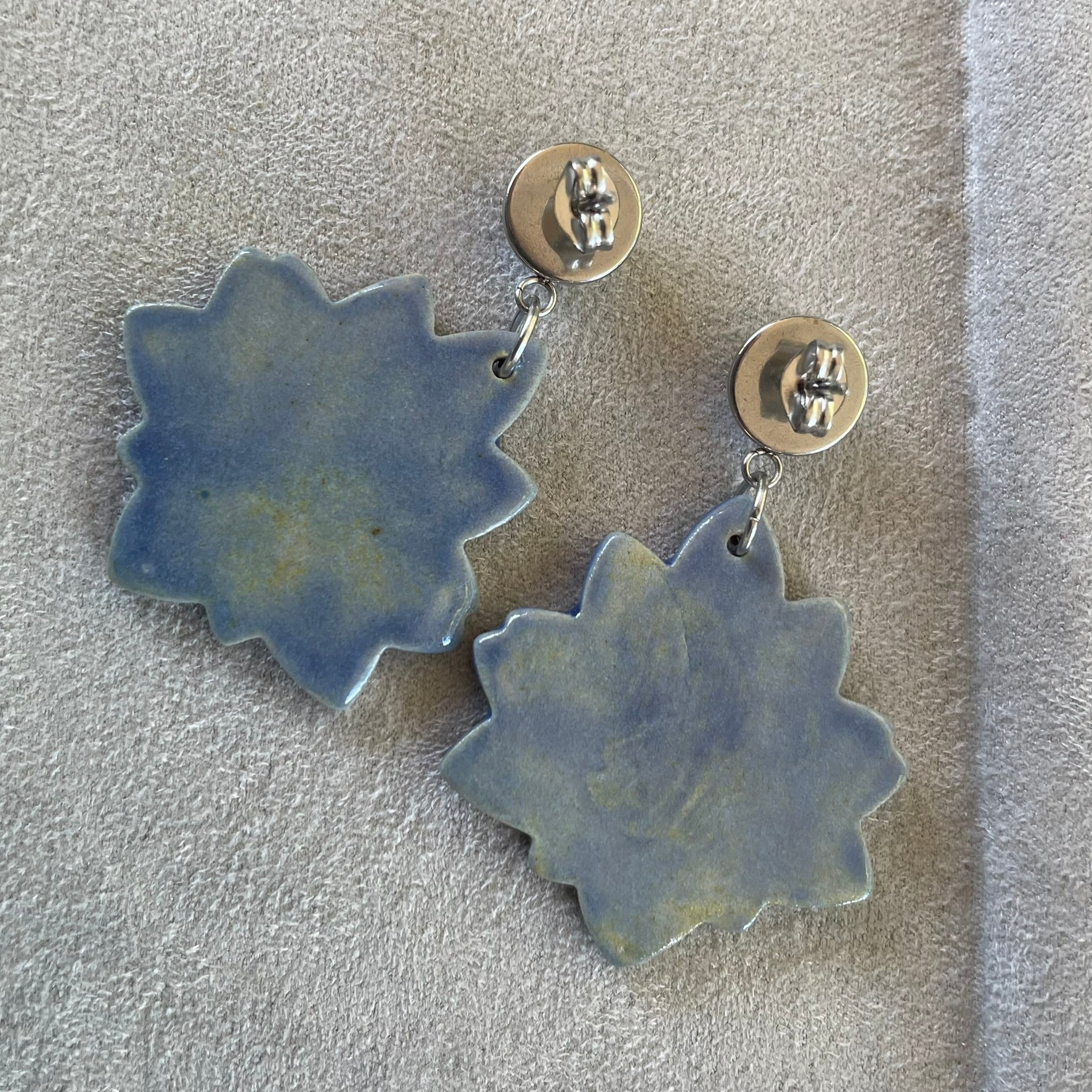 Earrings Blue Lotus Flower Ceramic Stainless Steel Stud dangles